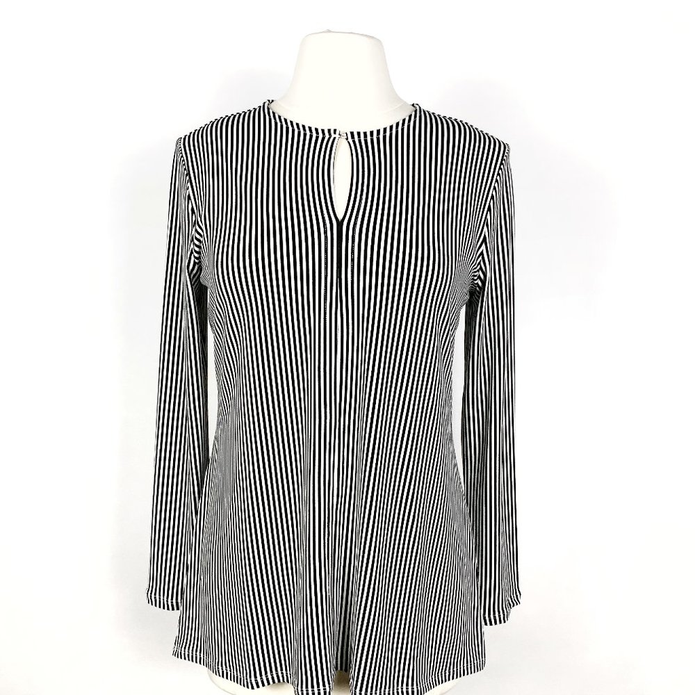 T Tahari Black White Striped Long Sleeve Top Small